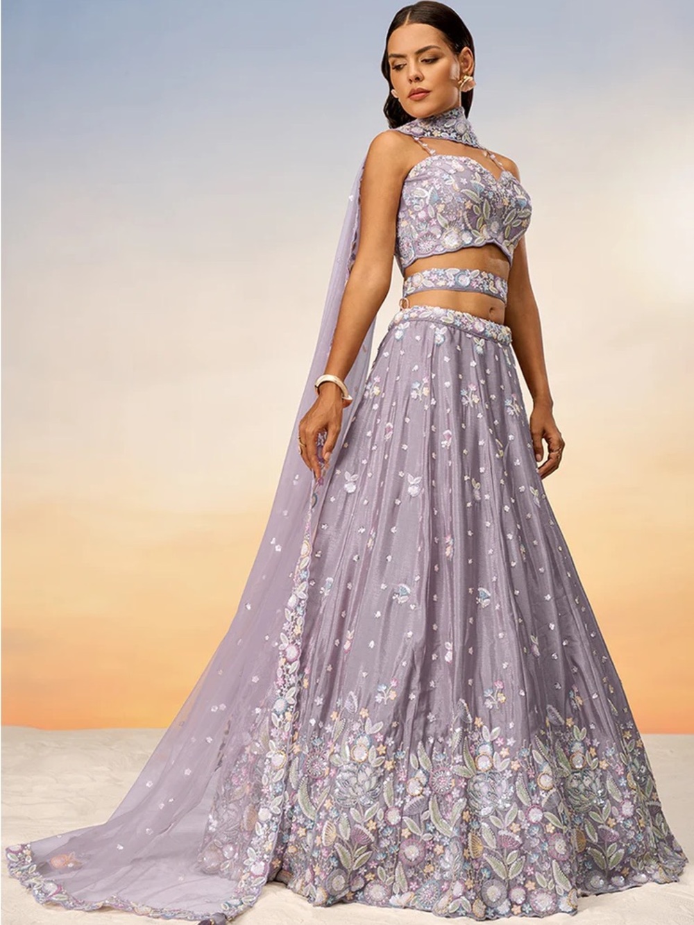 Lilac Embroidered Lehenga Set with Scallop Crop Top